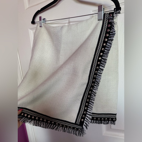 White and Black Women's Mini Skirt with Hardware and Fringe - Picture 3 of 6